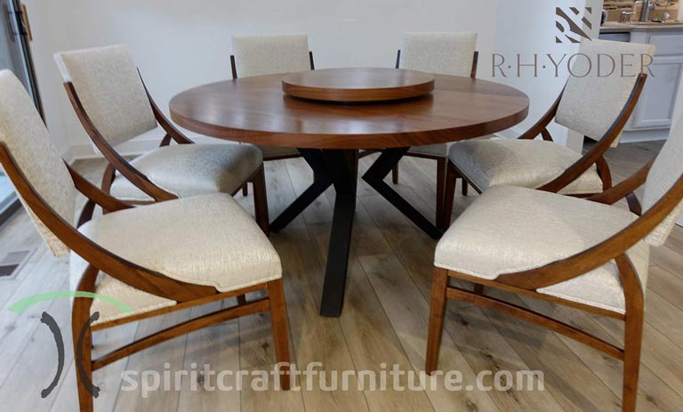 RH Yoder Korbyn Upholstered Dining Chairs with Custom Round Sapele Kitchen Table.