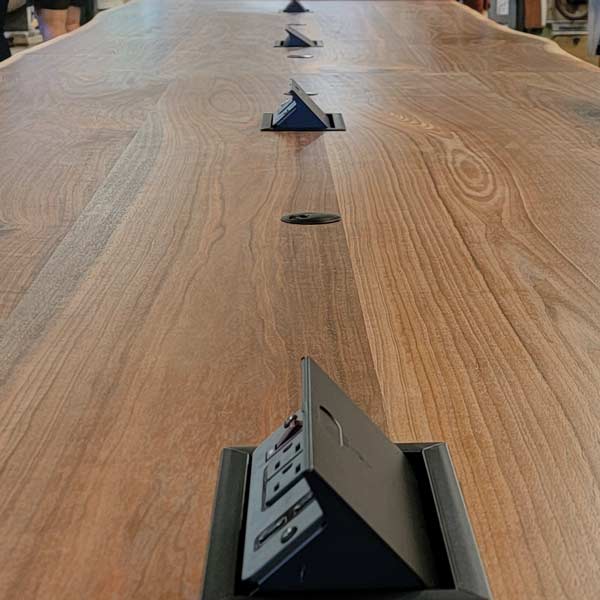 16 Foot Long Solid Wood Conference Table from Walnut Live Edge Slabs with Power and Data
