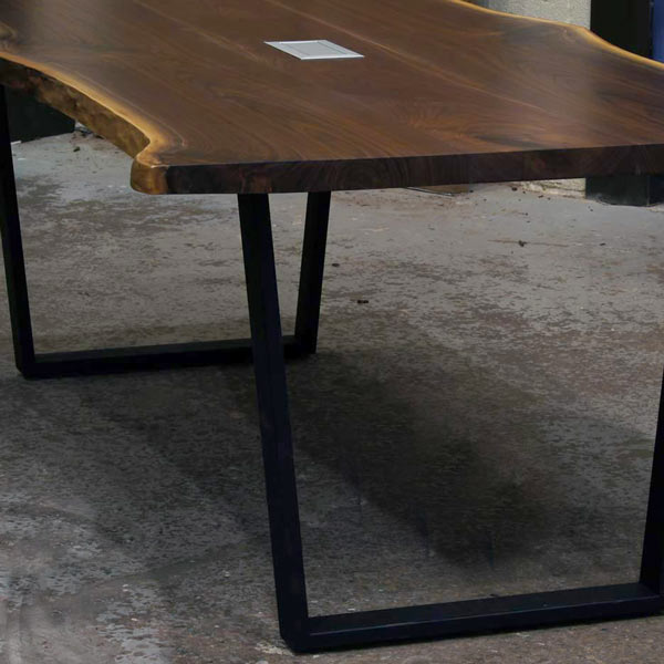Walnut Live Edge Conference Table with Mockett Data Grommet and Trapezoid Legs