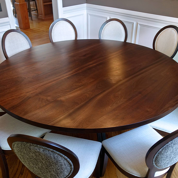 84 Inch Round Stained Sapele Mahogany Dining Table with RH Yoder Dawson Chairs in Chicago Area in Chicago Area Residence.