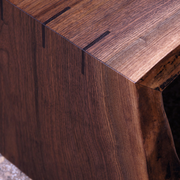 Waterfall Detail in Live Edge Black Walnut Coffee Table, Perfectly Machined Miter Joint with Walnut Splines.