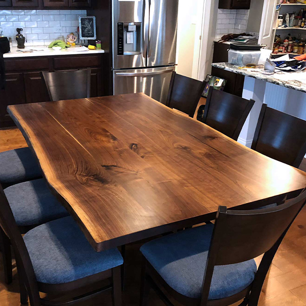 Black Walnut Live Edge Dining Table from Three Slabs of the Same Tree with Custom Made Steel Spider Base and RH Yoder Emerson Side Chairs