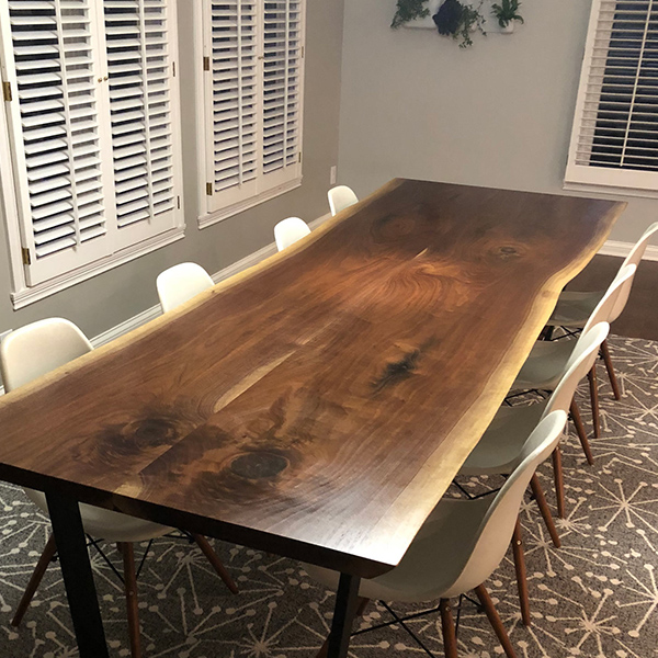 120 inch, Ten Person Black Walnut Live Edge Dining Table from Three Slabs of the Same Tree with Custom Made Steel Trapezoid Legs for Chicago Client