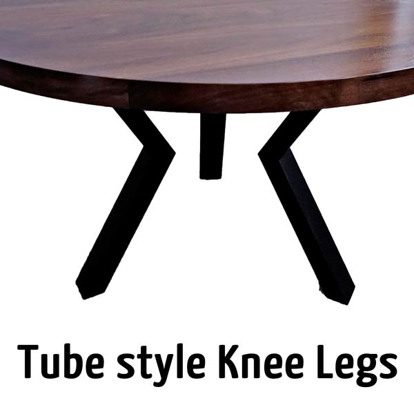 Black Walnut round dining table top with tube style knee legs