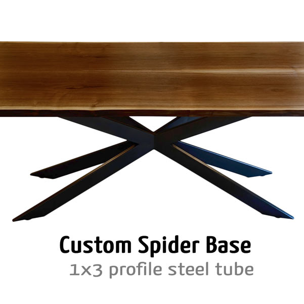 Custom steel spider base on walnut live edge table