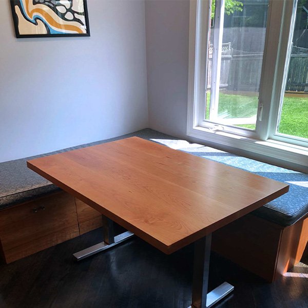 Custom Cherry Wide Plank Dining Table for Banquette Seating Area in Northshore Chicago Area Residence