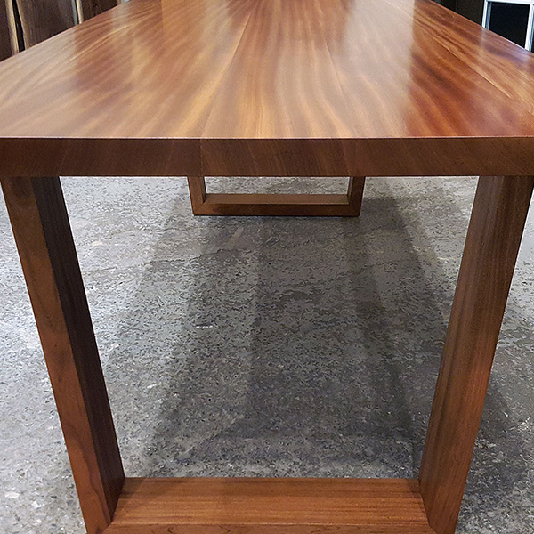 Stunning Sapele Wide Plank Slab Style Slab Dining Table Top with Modern Trapezoid Hardwood Legs