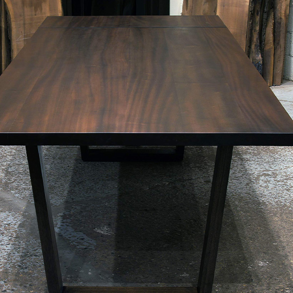 Ribbonstripe Sapele Mahogany Dining Table Top, Stained Deep Mahogany with Solid Wood Trapezoid Legs