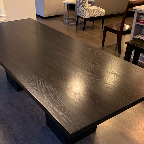 White Oak Wide Plank Dining Table Stained Ebony Smoke on Two Cube Bases for North Shore Chicago Client