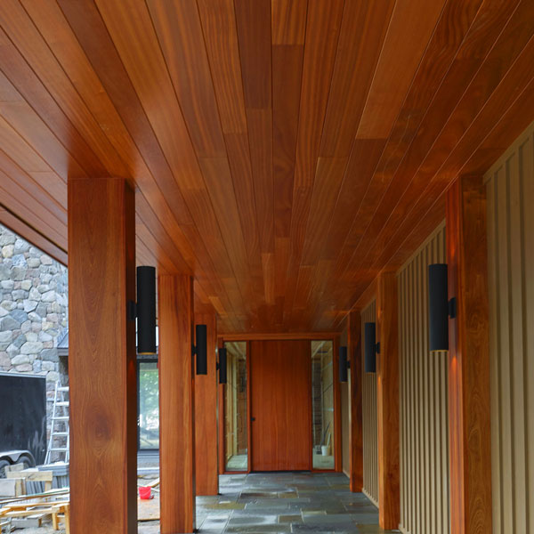 Sapele Half Columns, 14 Inch Square Post Wraps and Custom &#34;Pivot&#34; Entrance Door for Bar Harbor, ME New Construction