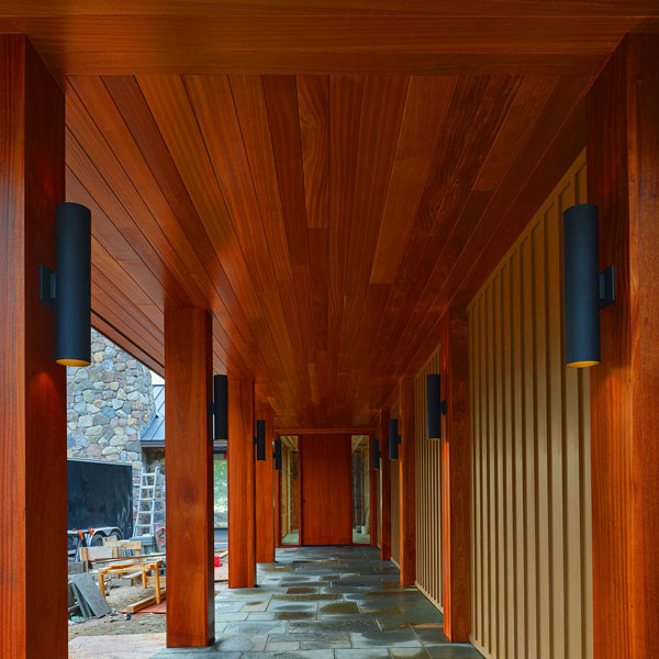 Sapele Half Columns, 14 Inch Square Post Wraps &#38; Custom &#34;Pivot&#34; Entrance Door for Bar Harbor, Maine New Construction