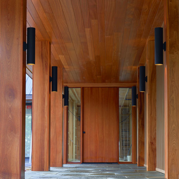 Solid Sapele Half Columns, 14 Inch Square Post Wraps and Custom &#34;Pivot&#34; Entrance Door for Residential New Construction