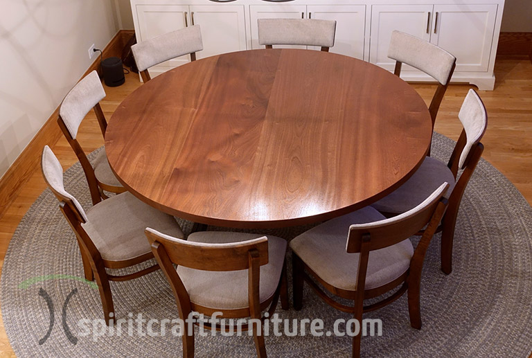 RH Yoder Emerson Upholstered Dining Chairs with Custom Made Round Mahogany Table..