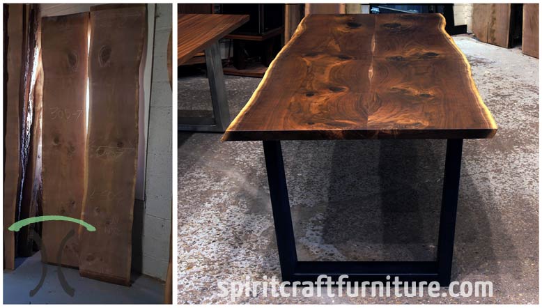kiln dried black walnut live edge slabs and a finished natural edge dining table at spiritcraft furniture, dundee, il.