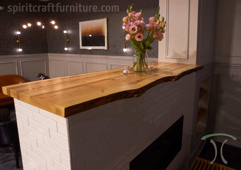 White Ash live edge mantel at Chicago area restaurant and brew pub from spiritcraft furniture, dundee, il.