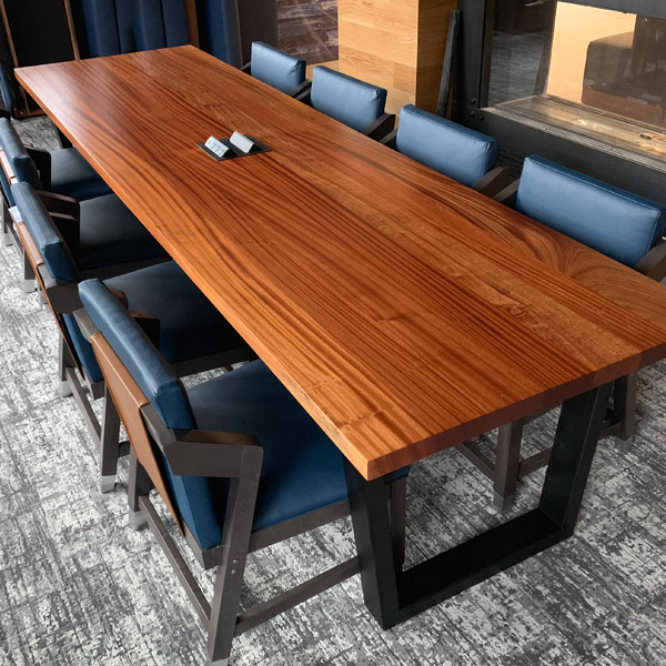 Sapele Mahogany Boardroom Table with Steel Trapezoid Legs and Mockett Power and Data for Springhill Suites Business Center