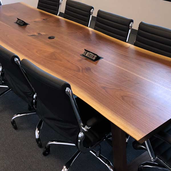120&#34; Long Live Edge Black Walnut conference table with data &#38; power for corporate FF&#38E; commercial furniture supplier