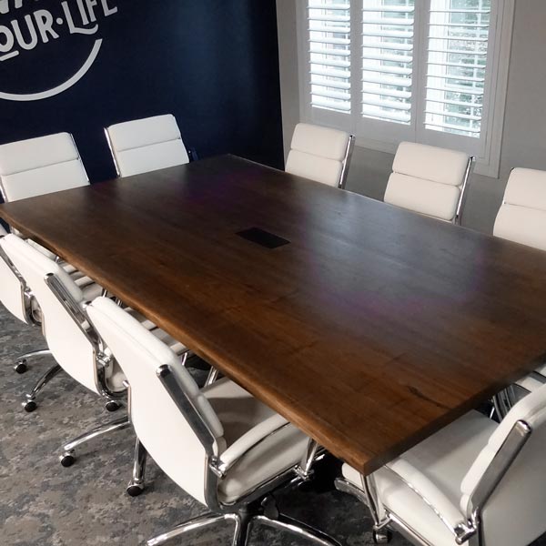 108" Live Edge Walnut Conference Table with Dual Power and Data for Chicago Office Design Client