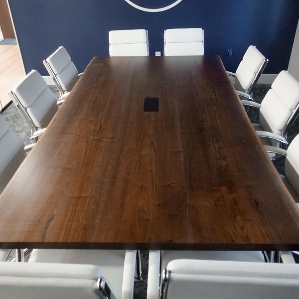 9 Foot Long Walnut Live-Edge Conference Table with Power and Data Chicago Area Commercial Design Client