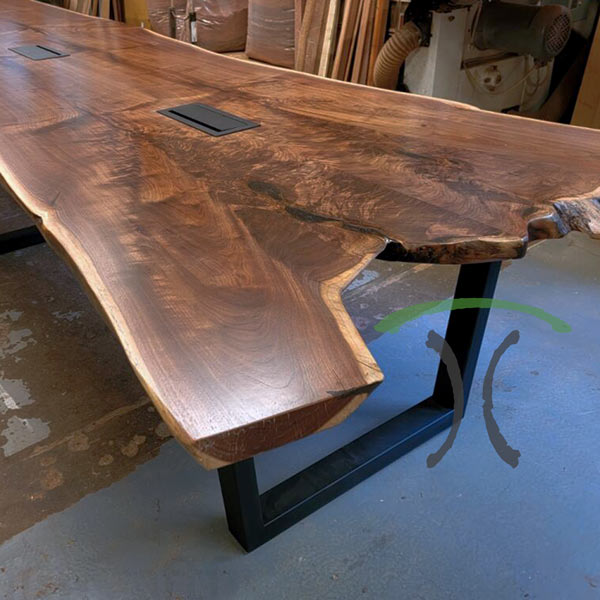 Pre Shipping Inspection of 168" Walnut Bookmatched Conference Table with poewr and data grommets