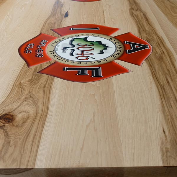 10 Foot Long Custom Hickory Common Dining Table with Inlaid Aluminum Logos for Sycamore, Illinois Fire Station