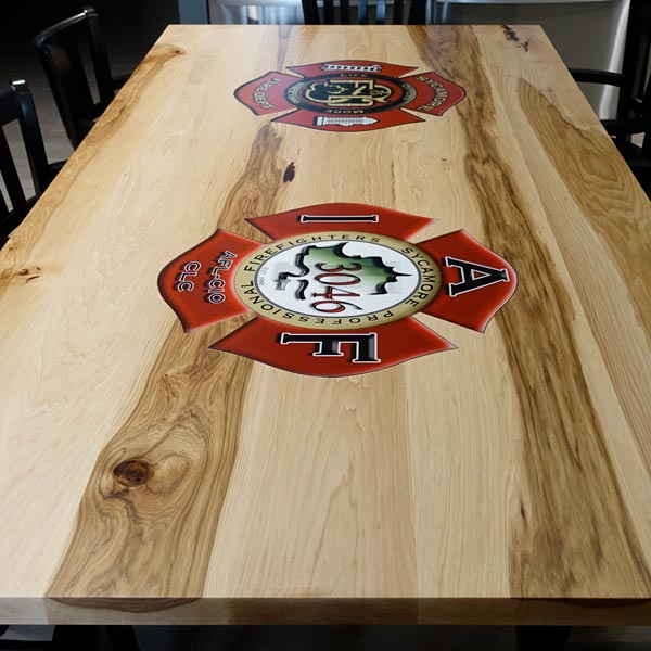 Solid Ash Wide Plank Conference Table with Inlaid DiBond Logos For Fire Station