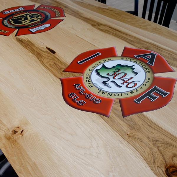 Custom Hickory Conference Table with Printed Aluminum Logo Inlays for Northern Illinois Fire Department