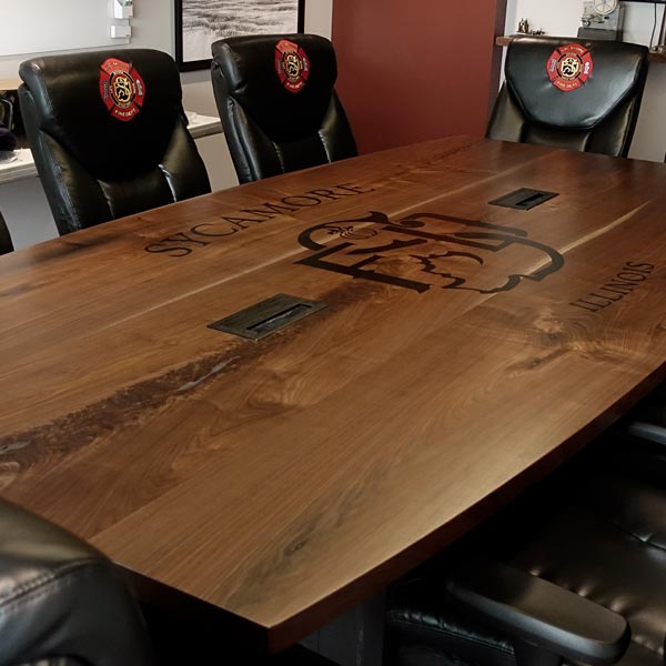 156" x 72" Custom Made Walnut Conference Table - Boat Shaped with Logo Inlay and Power & Data Grommets