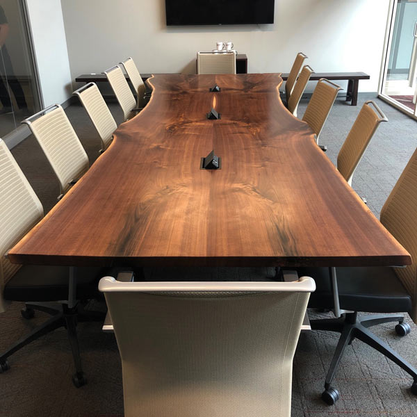 168&#34; Long Live Edge Black Walnut Book Matched conference table with data &#38; power for architectural office