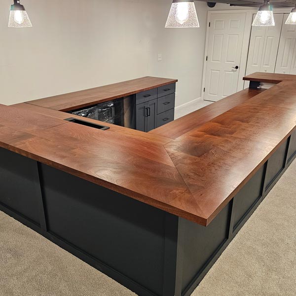 Custom bar and counter top with 90 degree miters for restaurant hospitality designer