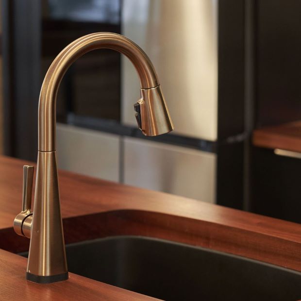Sapele Mahogany Kitchen Island Top with Radius Corner Undermount Sink Installed with Delta Faucet