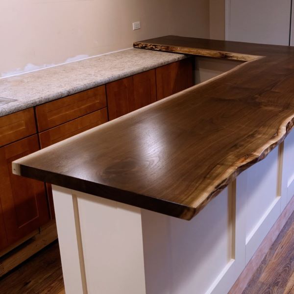 Custom Mitered Bar Top, Live Edge Walnut for Bannockburn, Illinois Home