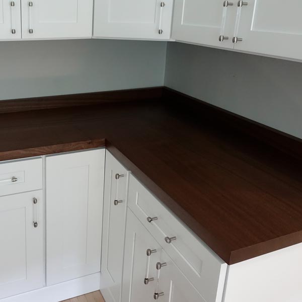 Stained Sapele Mahogany Mitered Bartop Top with Backsplash for Chicago Area Bungalow Restoration