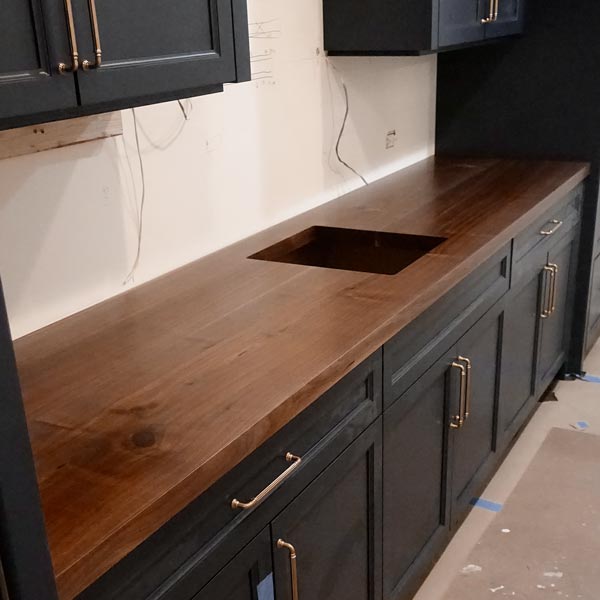 Custom Walnut Bar Countertop with Undermount Sink Cutout for Barrington Illinois New Construction Wine Room