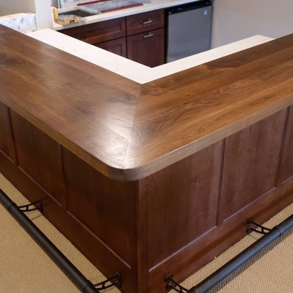 Wide Plank Walnut Mitered 90 Degree Bar Top with Rounded Corners for Chicago Area Residence