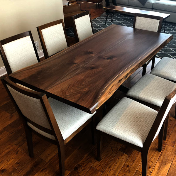 Live edge book matched walnut dining table with rh yoder wescott chairs