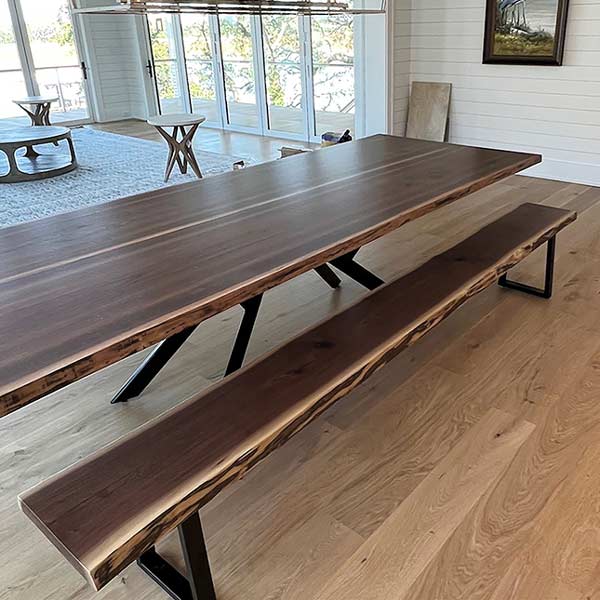 Book-matched Walnut dining table with bench for South Carolina client