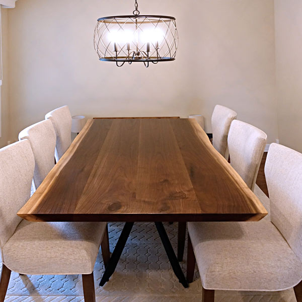 Three slab live edge Black Walnut Dining Table with RH Yoder Roosevelt Chairs