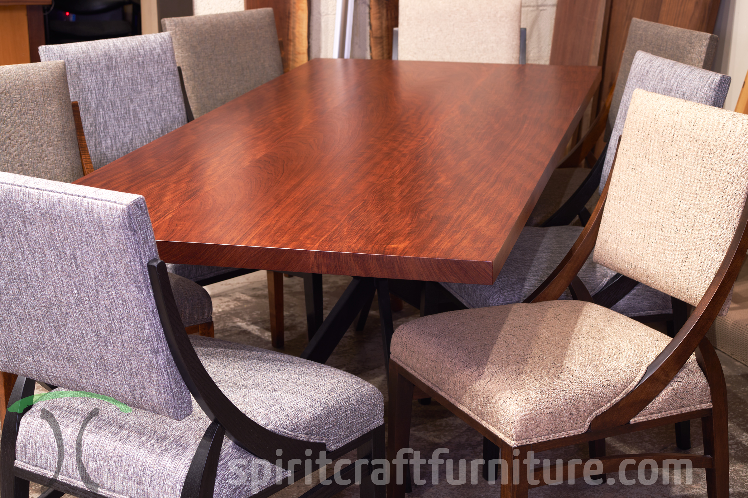 https://spiritcraftfurniture.com/images/plank-tables/1639-bubinga-wide-plank-dining-table-with-spider-base-and-rh-yoder-korbyn-chairs.jpg