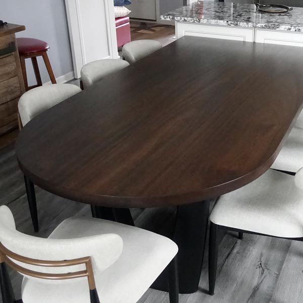 Solid Wood Wide Plank Oval Ended Dining Table in Custom Stain Matched Sapele with RH Yoder Dining Chairs