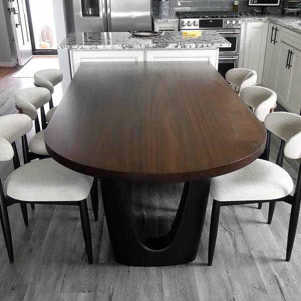 Sapele Dining Table with Rounded End, Shaped Wooden Trapezoidal Legs and RH Yoder Dining Chairs