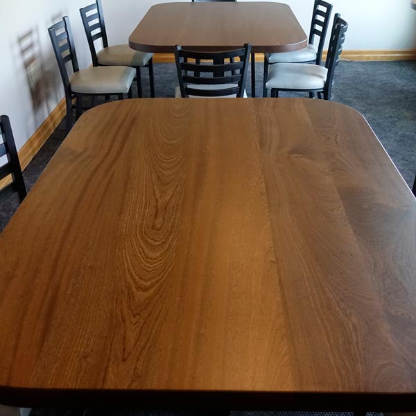 Custom Radius Corner Dining Tables in Wide Plank Sapele, Custom Stained for Lake Geneva, WI Country Club Client