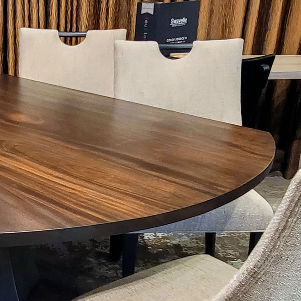 Custom Shaped Plank Sapele Dining Table with RH Yoder Dining Chairs