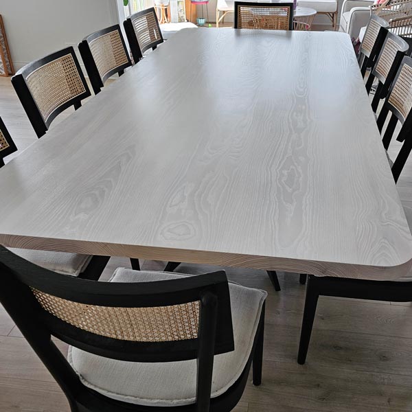 White Oak Dining Table, 108" Long by 48" Wide Stained Pearl with Radius Corners for Naperville, Illinois Client