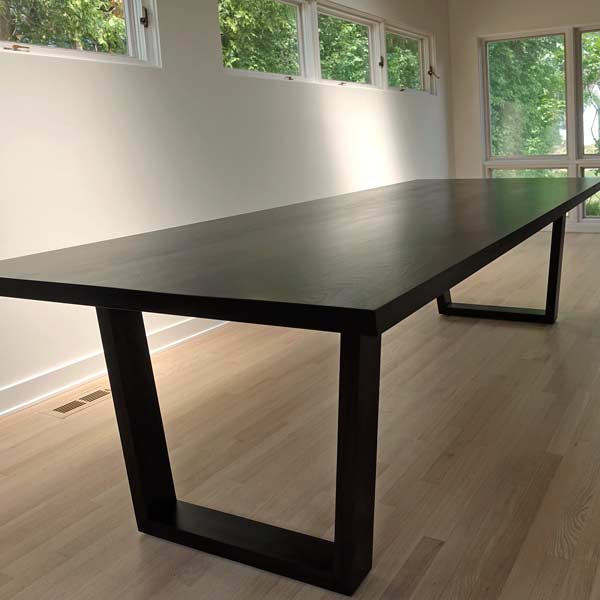 108&#34; Plank Style Dining Table in ebony stained solid Sapele Mahogany with hardwood trapezoid legs