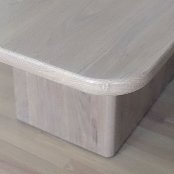 Custom Radius Cornered White Oak Table, Stained Pearl on Solid Wood Cube Base