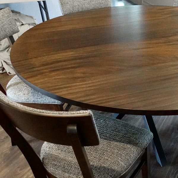 60" Diameter Solid Wood Sapele Dining Table with Heirloom Quality RH Yoder Upholstered Emerson Dining Chairs