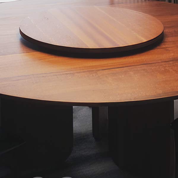 60" Diameter Solid Wood Sapele Round Dining Table with Reverse Knife Edge and Three Custom Slab Legs