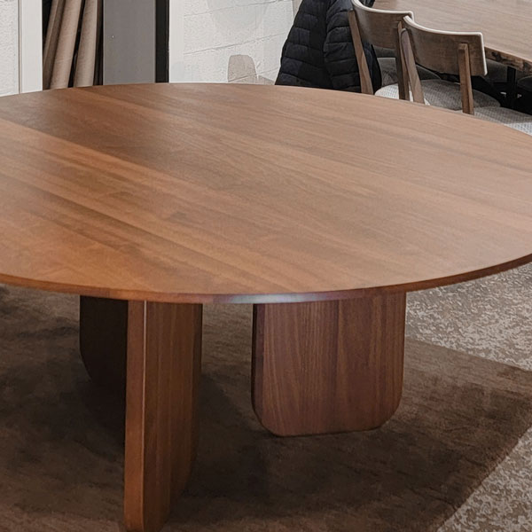 72&#34; Makore round dining table with reverse knife edge and three solid wood &#34;Slab&#34; legs