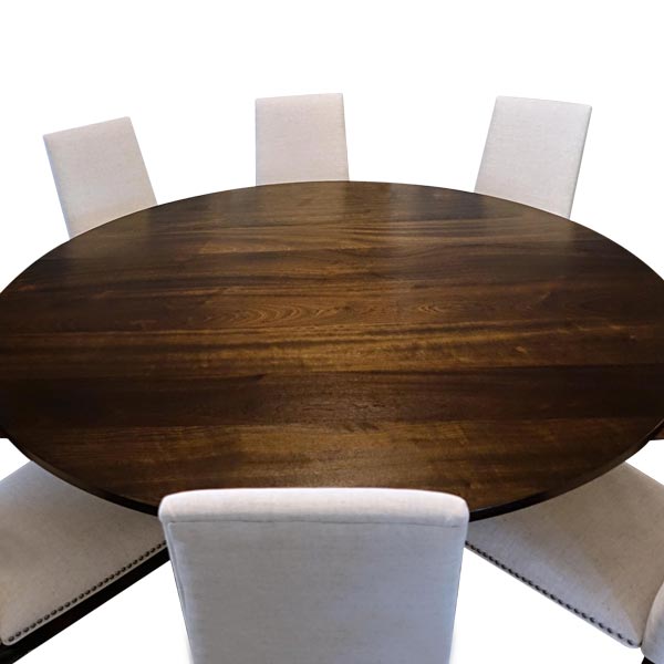 72&#34; Makore round dining table with RH Yoder Bradbury Dining Chairs